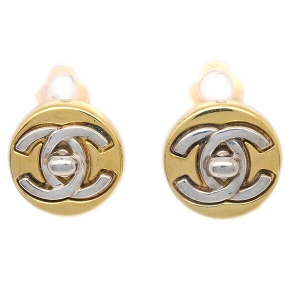 Chanel CC Turnlock Round Earrings Clip-On Gold Silver - Picture 1 of 4